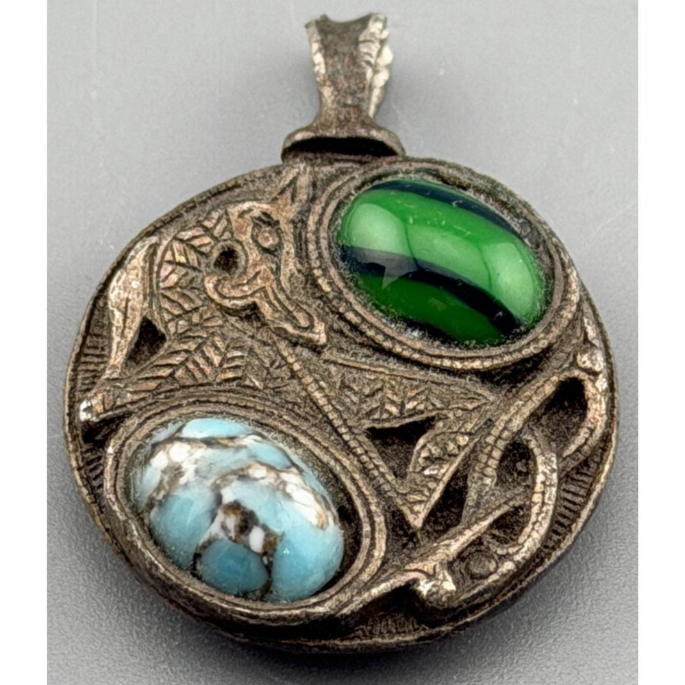 Vintage Chinese Dragon Amulet Pendant Blue Green Stones Pot Metal 7/8"